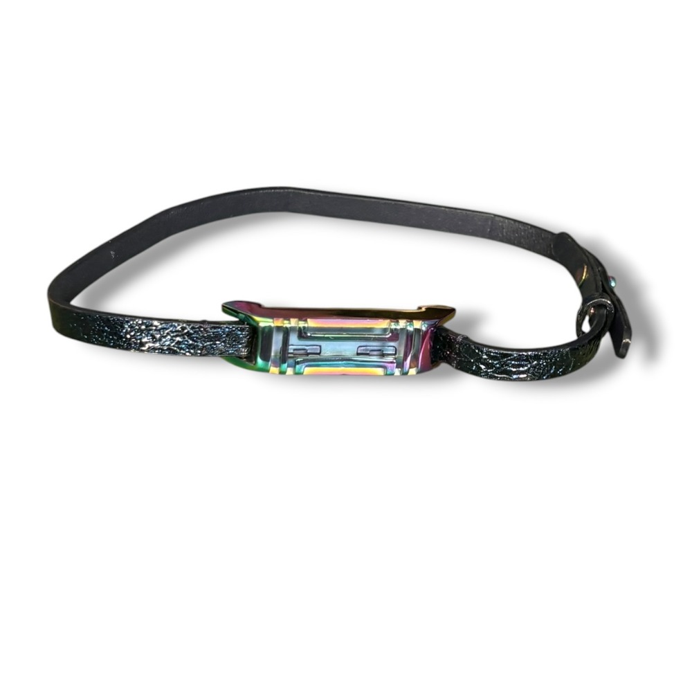 Tory Burch Fitbit Flex Double Wrap Bracelet Black Leather Iridescent Oil Slick